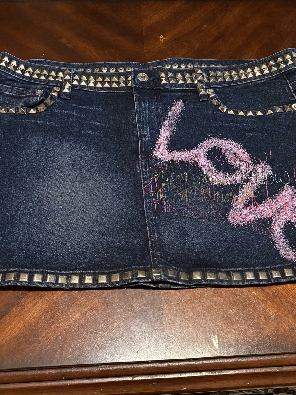 Vtg. Express 11/12 Studded Dark Blue Denim Mini Skirt with Pink Graffiti